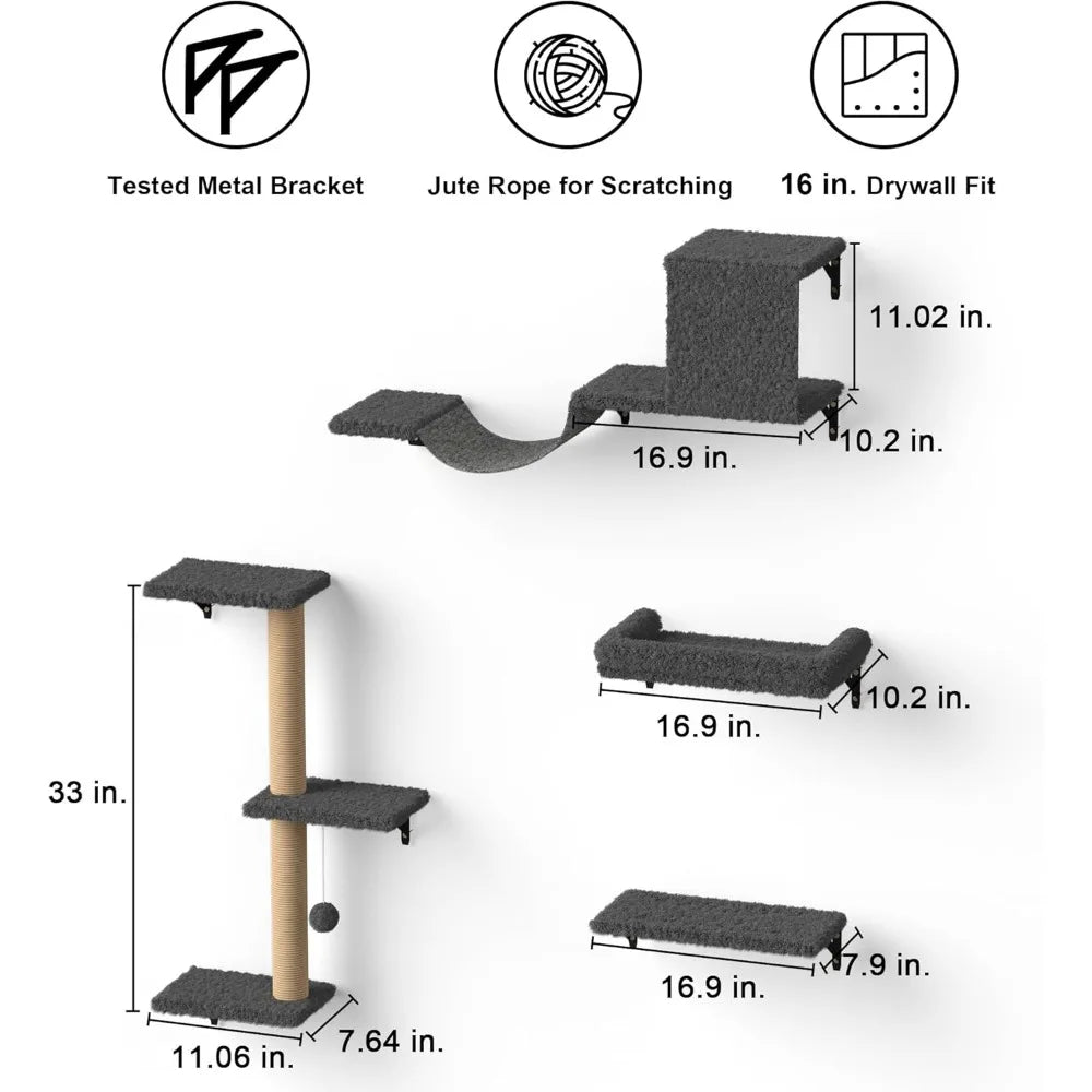 Stable & Safe 4 in 1  Wooden Large Cat Wall Furniture Set.  Scratching Post for 16 Inch Drywall