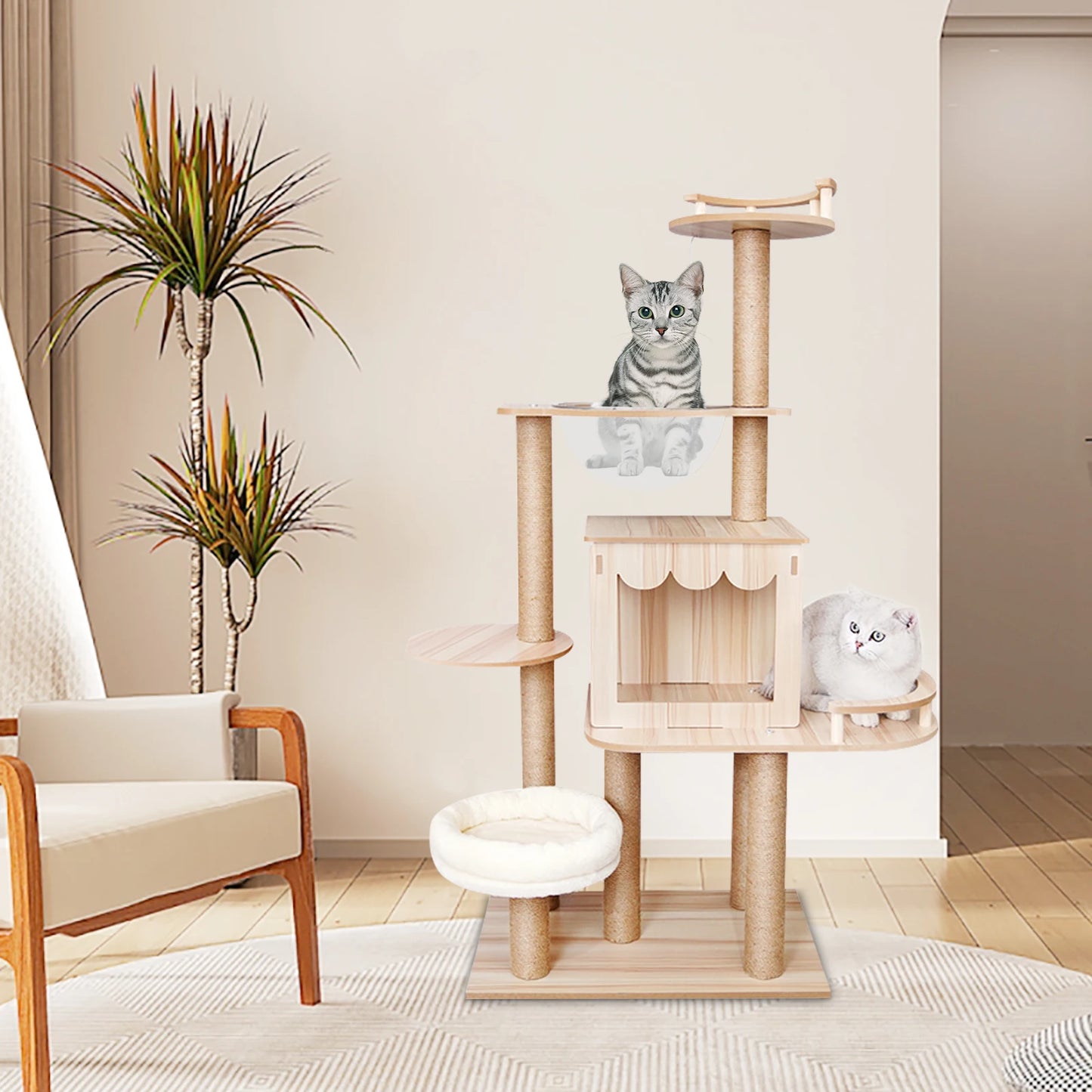 All-in-one Multi-Level Wood Cat Tree for Indoor Play. Climbing,  Jumping, Cushions