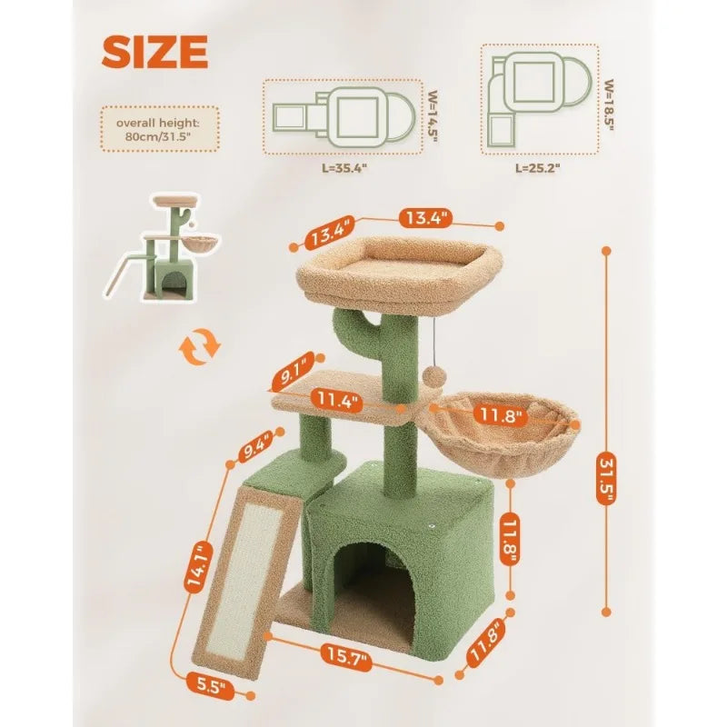 Cute Cactus Cat Tree for Indoor Cats, Sisal Scratching Ramp, Cozy Hammock, Removable Top Bed Perch