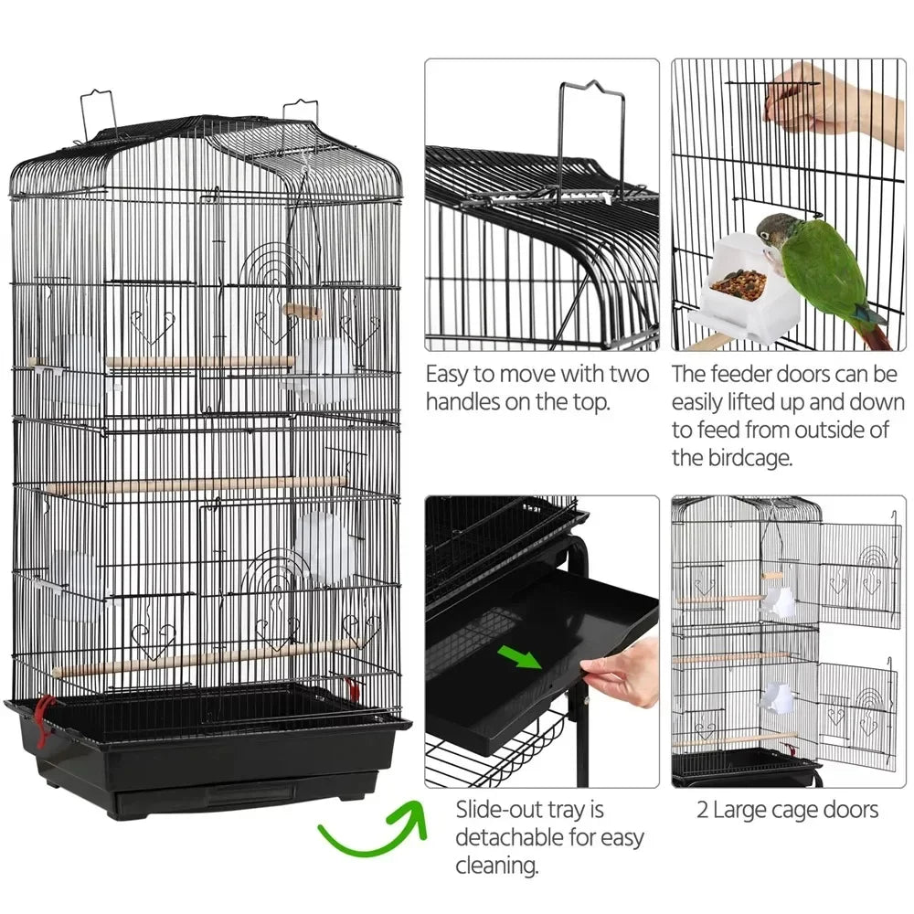 64" H Metal Rolling  Birdcage with Slide-Out Tray/Open Top.