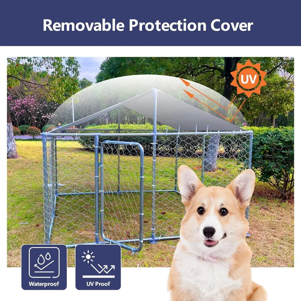 Outdoor Heavy Duty Dog Kennel. Anti-Rust, Waterproof UV Resistant Cover, Secure Lock