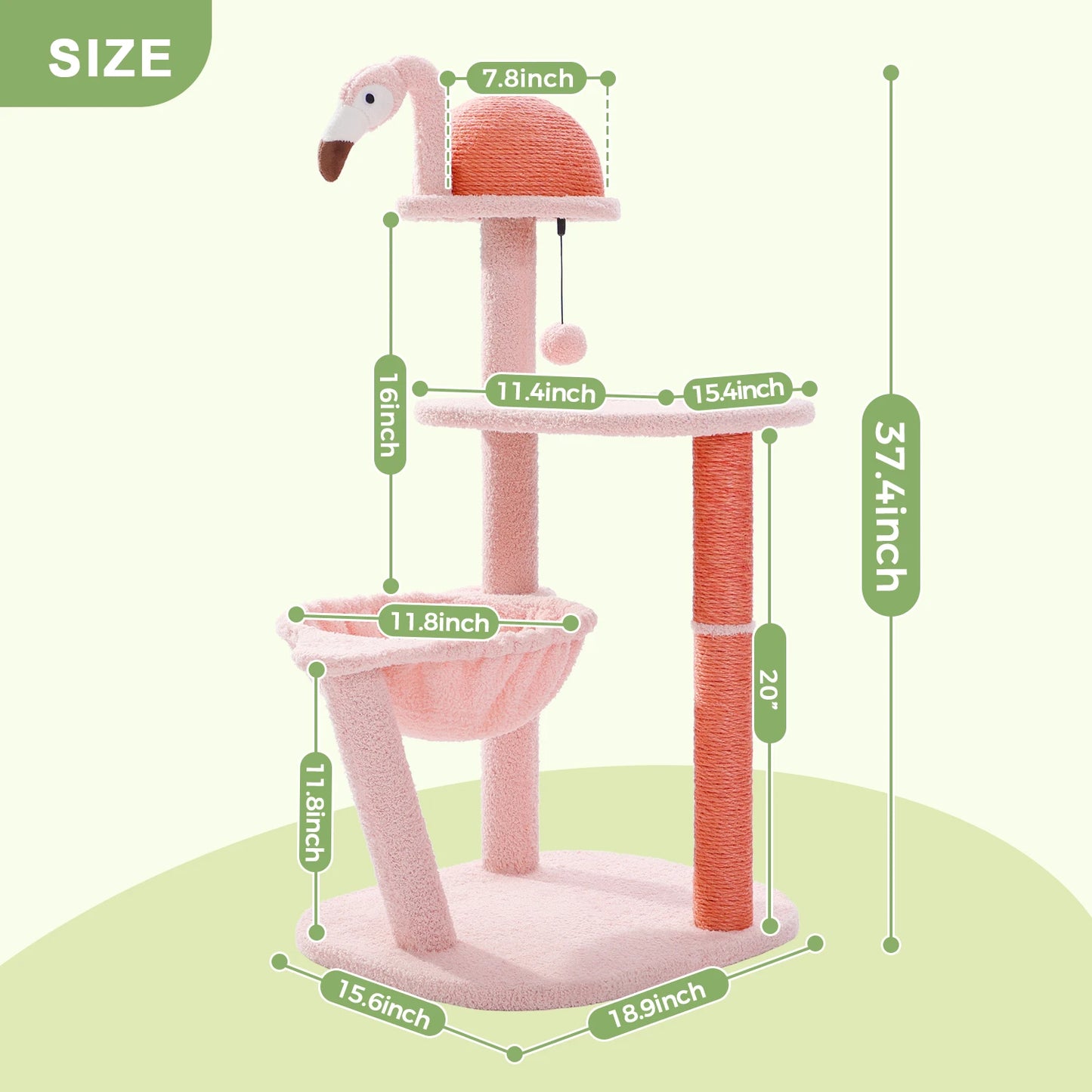 Pink Flamingo Multi-Level Cat Tree Tower.  Scratching Posts, Hammock, Perch.