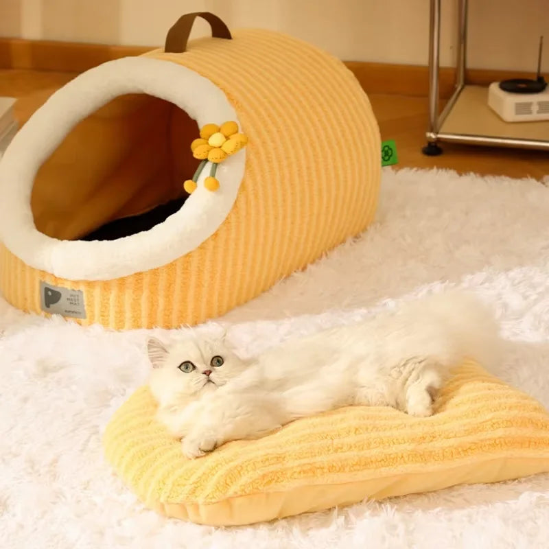 Warm Thickened Plush Cat Nest.  Semi Enclosed, Portable Kennel