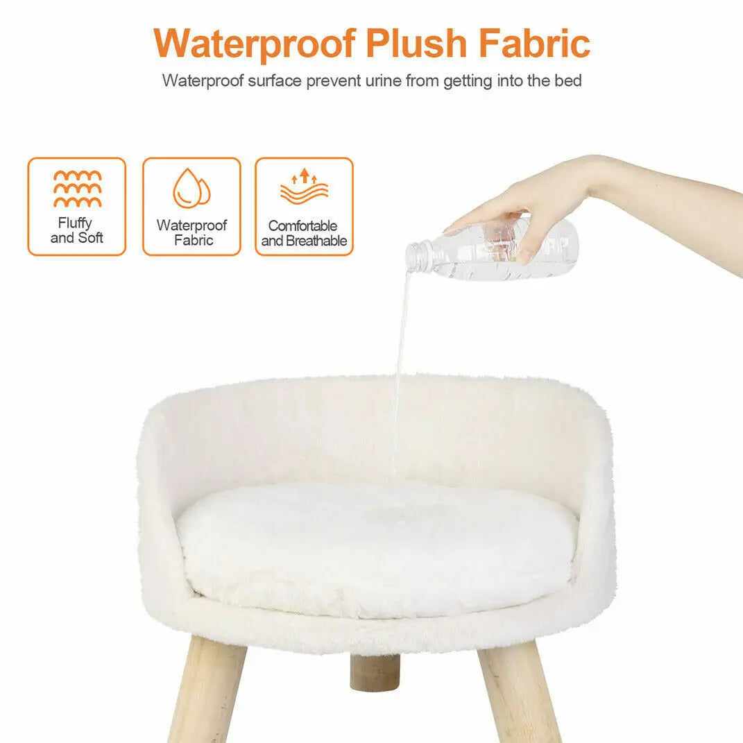 Luxury Plush Fabric Cat Bed. Washable, Wood Legs