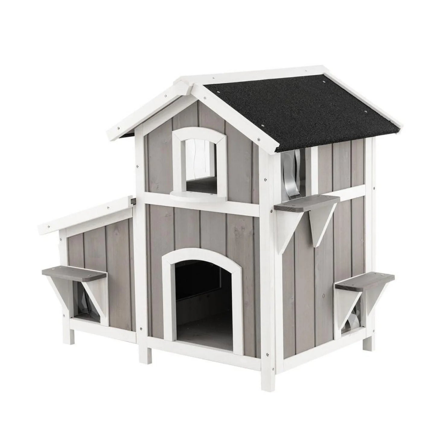 Outdoor Wooden Cat House with Big Balcony, Slide and Waterproof Roof