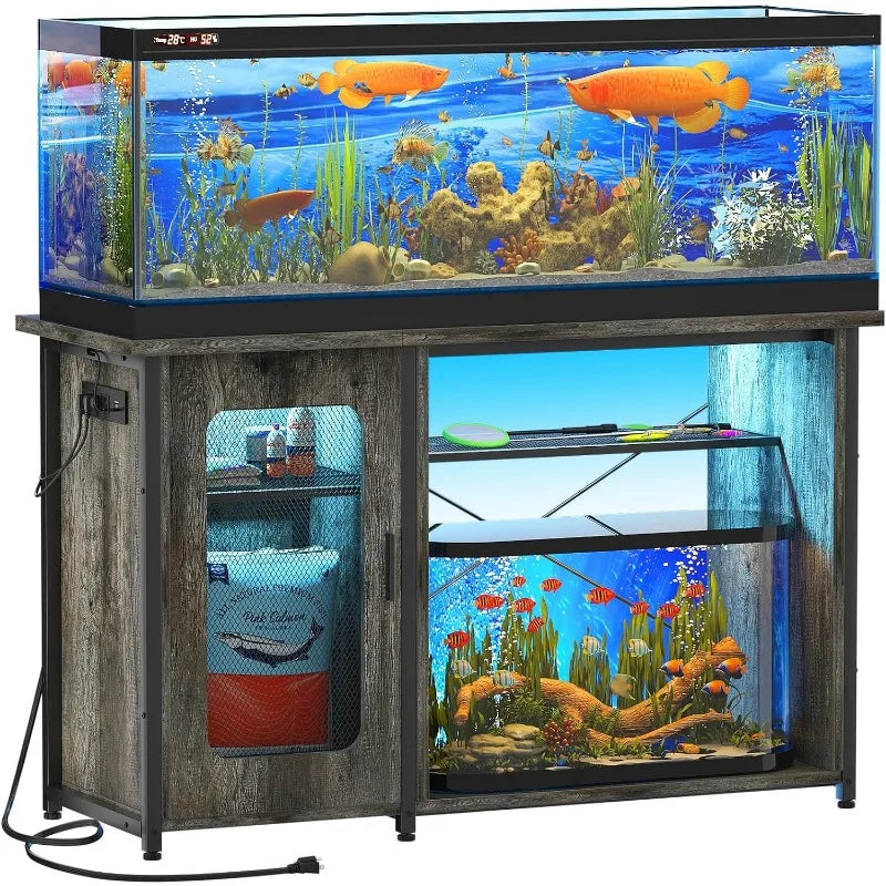 Reversible Heavy Duty Metal Aquarium Stand with Cabinet for Fish Tank Accessories Storage and Power Outlets.