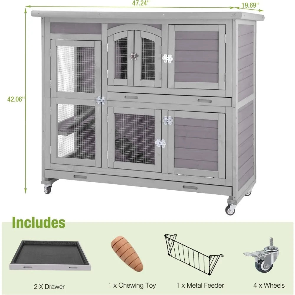 Indoor Outdoor Bunny House on Wheels with Plastic Tray