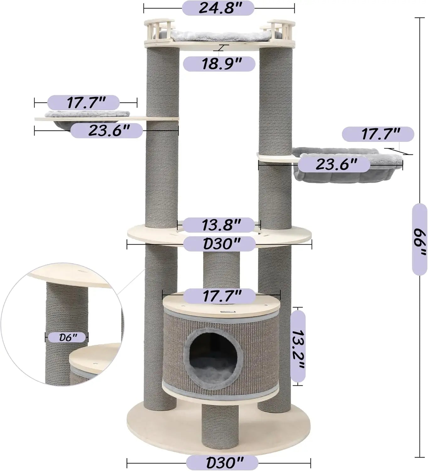 Extra Large Tall  Wooden Cat Tree 5 Levels.  Hammocks, Hanging Basket, 2 Cats Easy to Play, Cushions