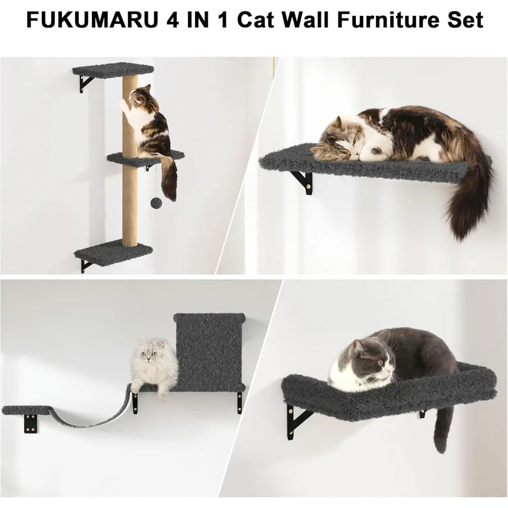 Stable & Safe 4 in 1  Wooden Large Cat Wall Furniture Set.  Scratching Post for 16 Inch Drywall