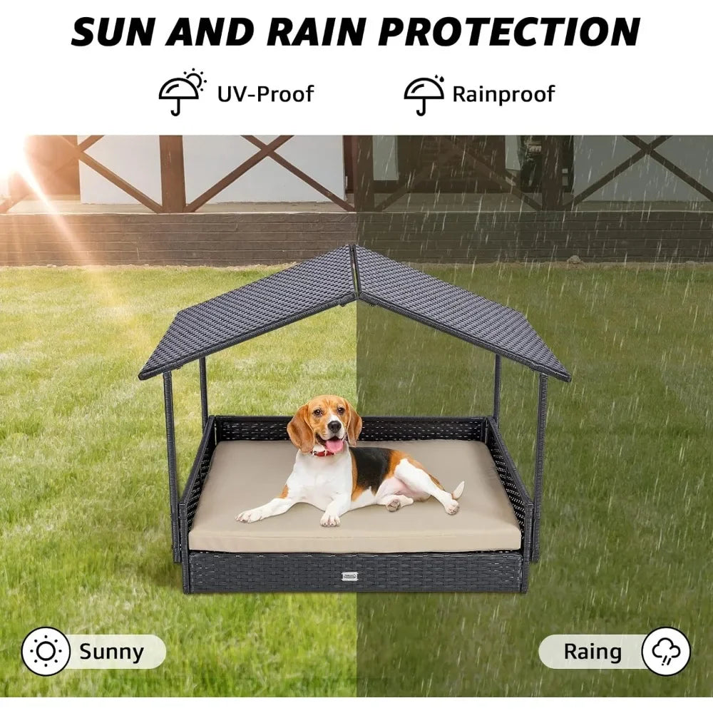 2-in-1 wicker dog house, indoor/outdoor elevated dog bed with removable canopy, breathable, shaded, waterproof and non-slip feet