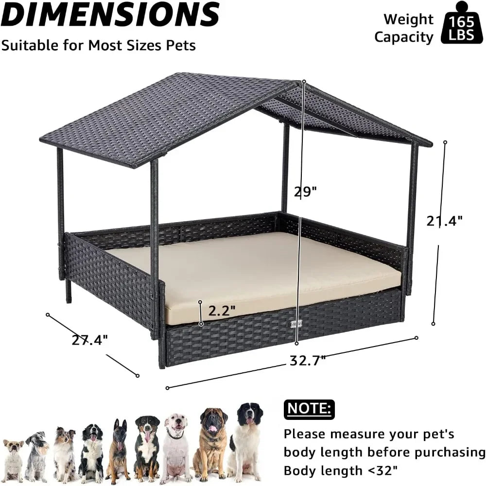 2-in-1 wicker dog house, indoor/outdoor elevated dog bed with removable canopy, breathable, shaded, waterproof and non-slip feet