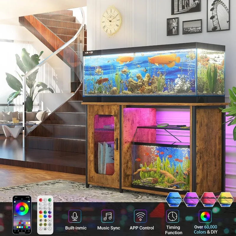 Reversible Heavy Duty Metal Aquarium Stand with Cabinet for Fish Tank Accessories Storage and Power Outlets.