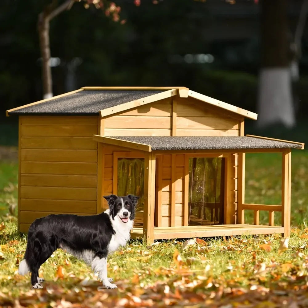 47" Outdoor Wooden Dog House with Porch, Asphalt Roof, 2" Height Raised Feet and Two Plastic Door Curtains, Brown