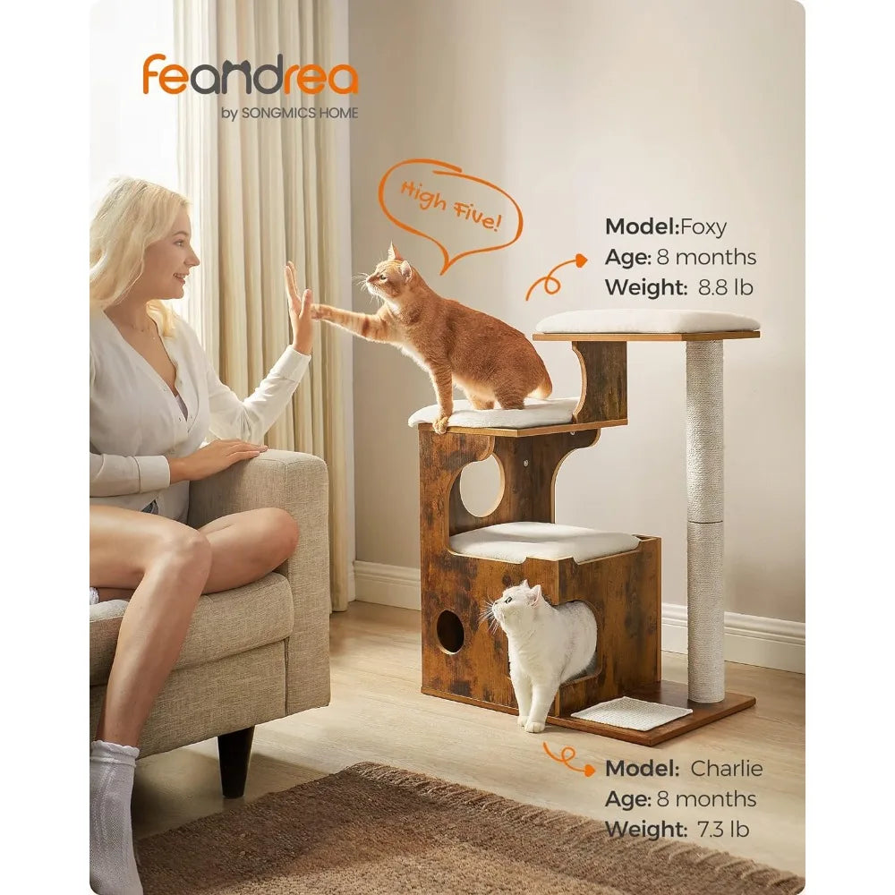 Cat Tower. 3 Beds, Cave, MDF with Wood Veneer, Sisal Post, Rustic Brown/White