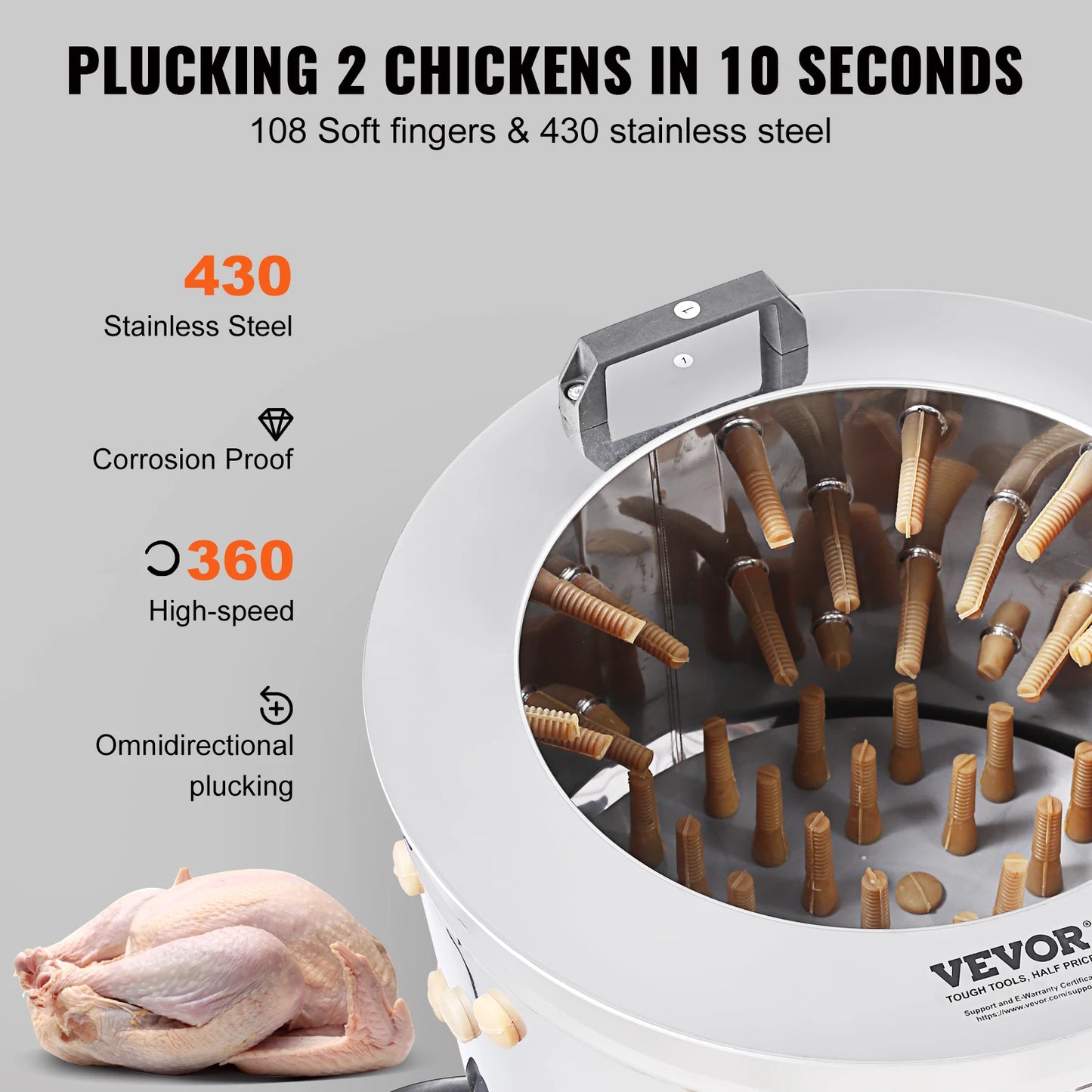 Chicken Plucker Machine 20inch Diameter Stainless Steel Drum 108 Soft Fingers 500W Debris Collection