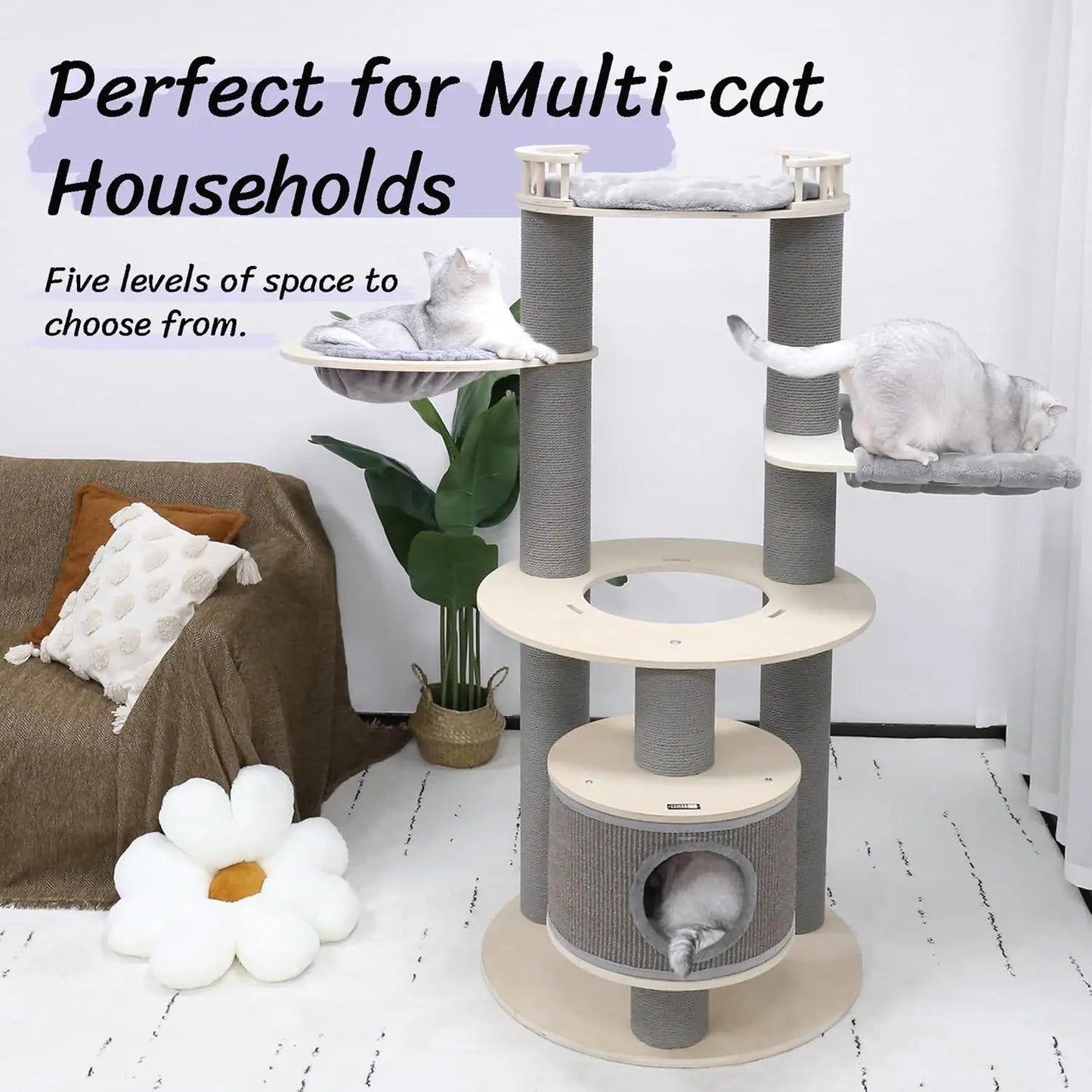 Extra Large Tall  Wooden Cat Tree 5 Levels.  Hammocks, Hanging Basket, 2 Cats Easy to Play, Cushions