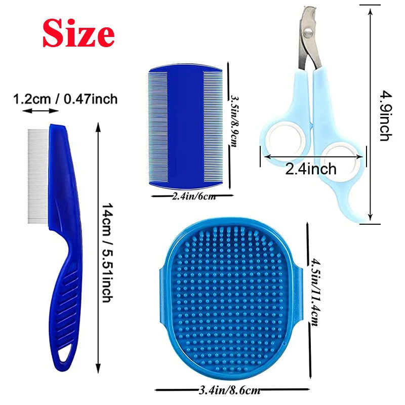 4Pcs Grooming Kit. Tear Stain Remover, Combs, Pet Nail Clipper, Double-Sided Shampoo Bath Brush.