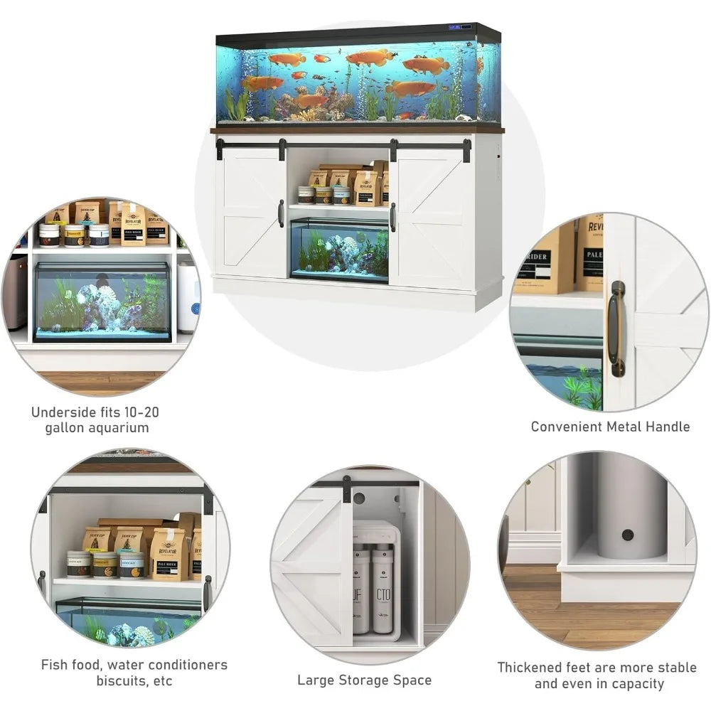 Farmhouse 55-75 Gallon Fish Tank Stand with Power Outlet, Cabinet & Sliding Barn Door.