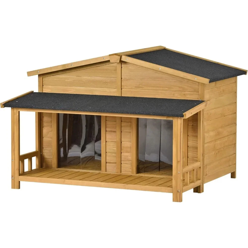 47" Outdoor Wooden Dog House with Porch, Asphalt Roof, 2" Height Raised Feet and Two Plastic Door Curtains, Brown