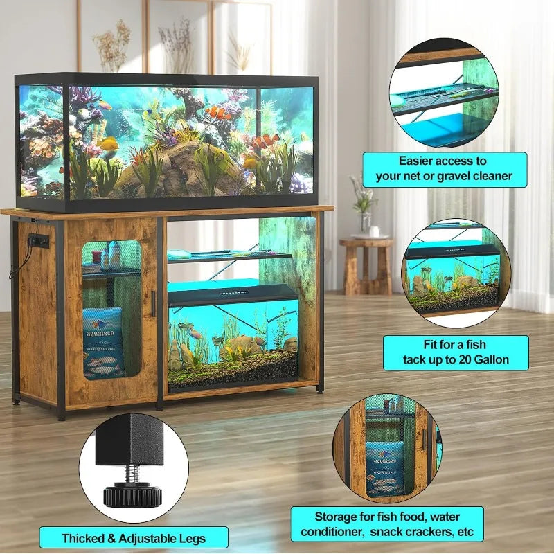 Reversible Heavy Duty Metal Aquarium Stand with Cabinet for Fish Tank Accessories Storage and Power Outlets.