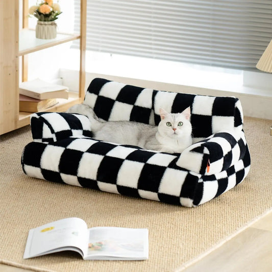 Washable Pet Couch/ Bed with Non-Slip Bottom Fluffy Black&White for Medium/Small Dogs Cats.