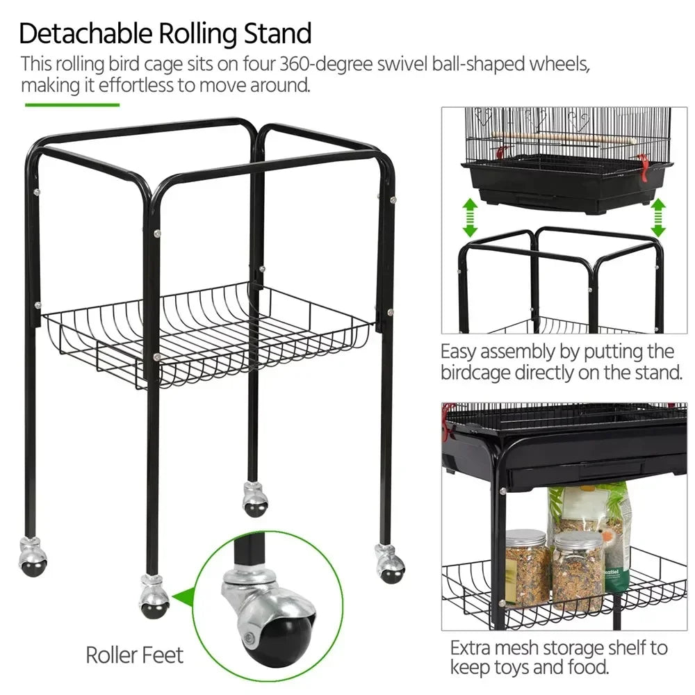 64" H Metal Rolling  Birdcage with Slide-Out Tray/Open Top.