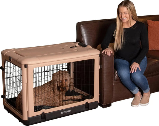 4 Door Steel Crate for Dogs/Cats with Garage-Style Door, Includes Plush Bed + Travel Bag, No Tools