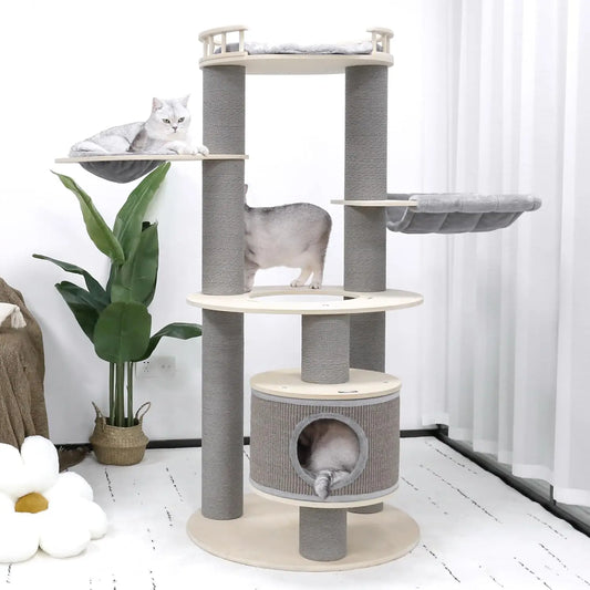 Extra Large Tall  Wooden Cat Tree 5 Levels.  Hammocks, Hanging Basket, 2 Cats Easy to Play, Cushions