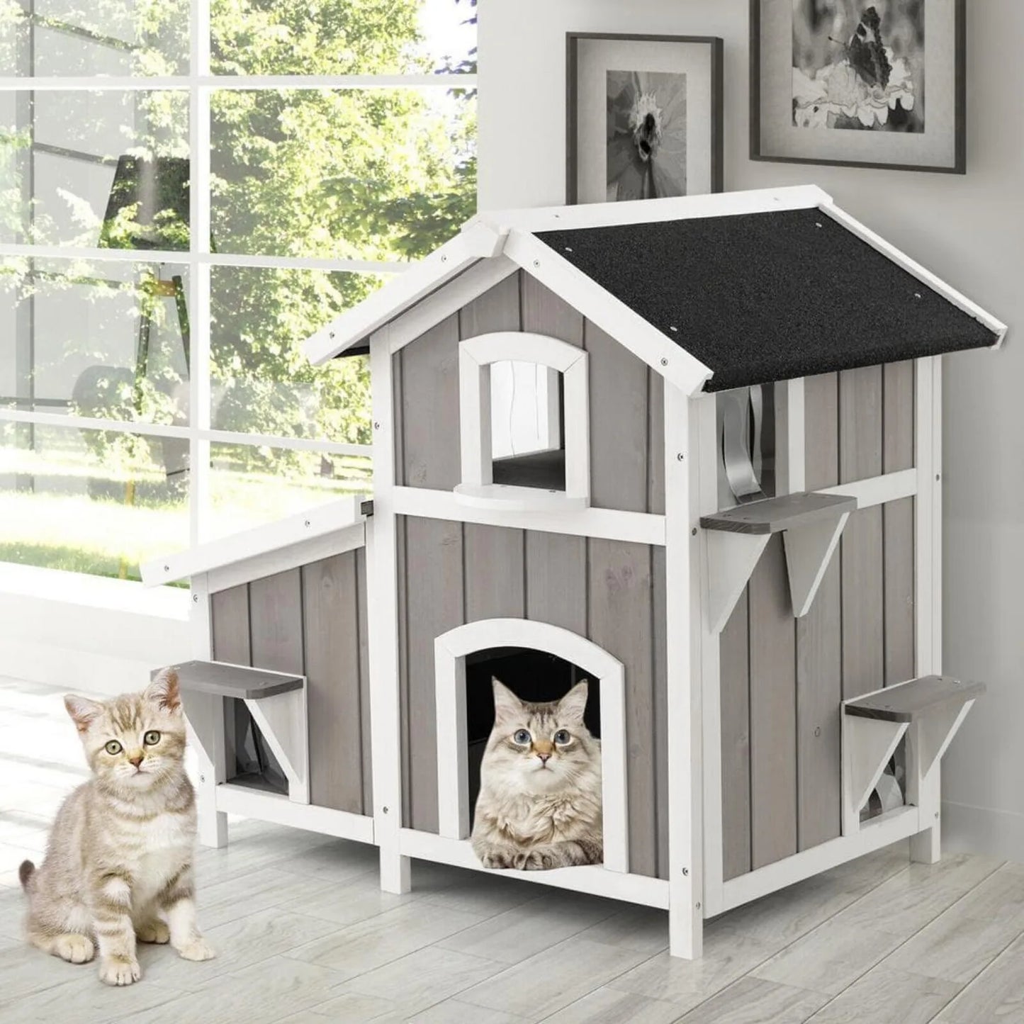 Outdoor Wooden Cat House with Big Balcony, Slide and Waterproof Roof