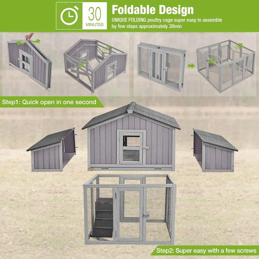 Foldable Hen House with Nesting Box and Run for 4-6 Chickens 26ft²-Super Easy to Assemble