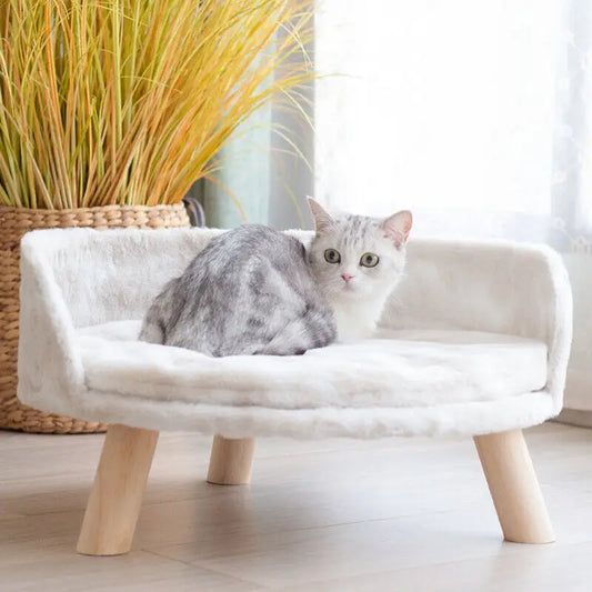 Luxury Plush Fabric Cat Bed. Washable, Wood Legs