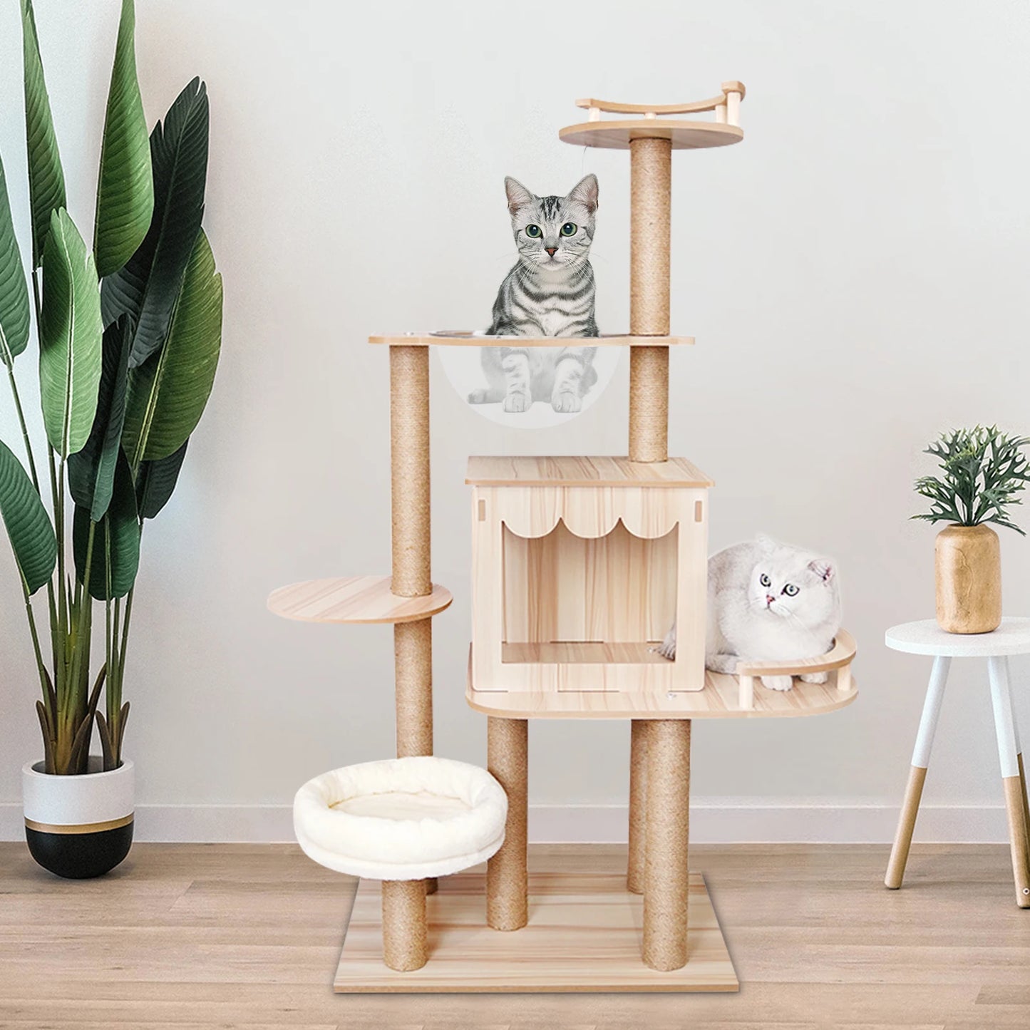 All-in-one Multi-Level Wood Cat Tree for Indoor Play. Climbing,  Jumping, Cushions